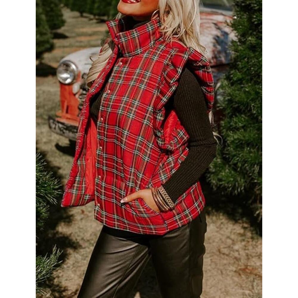 Plaid Puffer Vests Ruffle Sleeveless Lightweight Quilted Vest, Winter Padded, XL - Picture 4 of 6